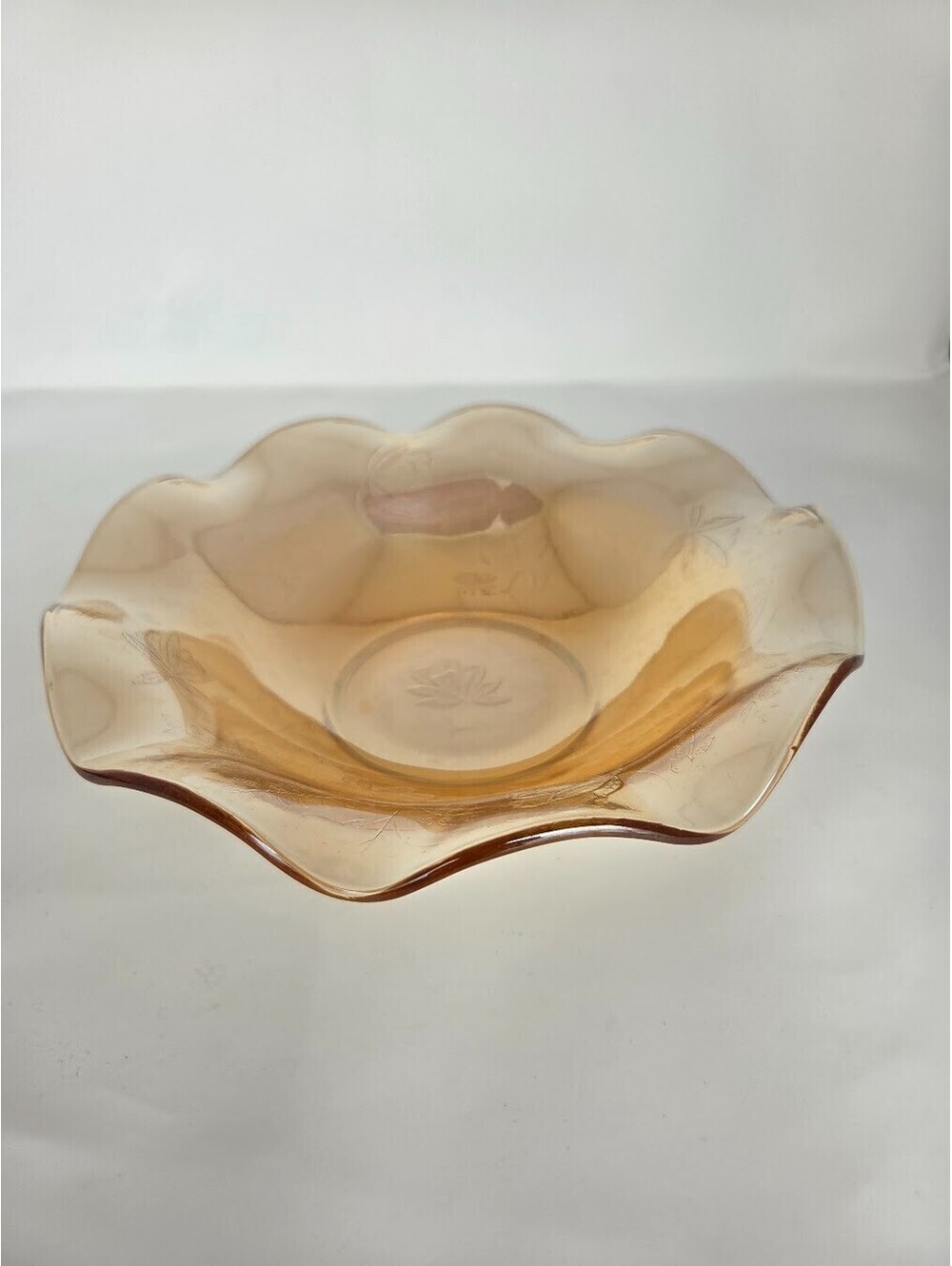 Vintage Iridescent Orange Depression Glass Bowl Embossed Floral Ruffled Edge 9"